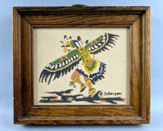 Native American Indian Sand Art "The Eagle Dance Ceremony", Multi-Color Sand Piece In Frame, Artist Signed, "R. Johnson", 7" x 6"