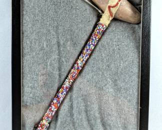 Native American Indian Seed Bead Head Knocker, 12" Long, In Glass Display Box, 12.25" x 8.25"