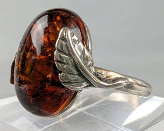Sterling Silver And Baltic Amber Ring, 925 Silver, Size 9
