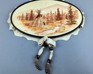 Native American Indian Leather Painting Art Piece On Wood Frame, Artist Signed "Jayne Simmons Williams", 9.25" x 5.5"