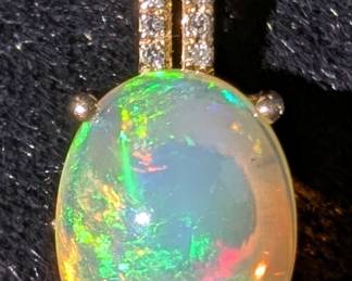 10K Yellow Gold, Diamond, And Opal Pendant