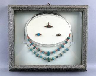 Native American Indian Silver And Turquoise Necklace, And Rings, Qty. 3, Framed Under Glass, 12.125" x 10.25"