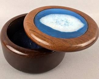 Round Wood Box With Polished Blue Brazilian Agate Lid, 1.75" Tall x 3.25" Wide, And Polished Agate Mineral Specimen, 3" x 1.75"