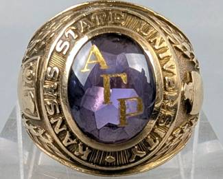 10K Yellow Gold And Amethyst Gemstone Kansas State University Alpha Gamma Phi Ring, Marked "DWL", "64", And "89", Size 10