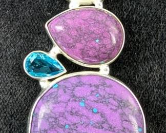 Sterling Silver, Cabochon, And Light Blue Topaz And Amethyst Gemstone Pendant In Floating Display Case, 925 Silver