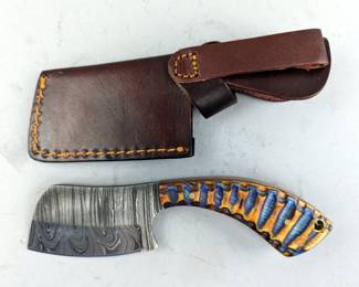 Damascus Steel Fixed Blade Cleaver With Colored Wood Handle, Includes Leather Sheath, 6.5"