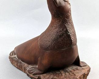 Al Coe Carved Wood Seal Sculpture, Marked With Stylized "AC" Signature, 6.5" Tall x 8" Wide