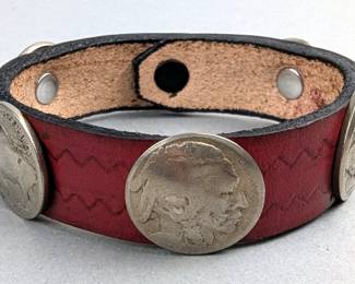 Engraved Leather Red Painted Domed Button Buffalo Nickel Bracelet, 5 Nickels, 8.5"