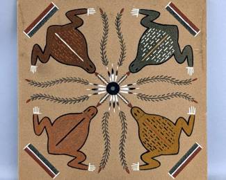 Authentic Native American Indian Sand Art "Water Creature", Multi-Color Sand Piece In Frame, Artist Signed, 12" x 12"