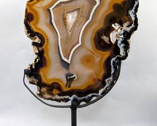 Brazilian Banded Agate Slice On Metal Display Stand, 12.5" Tall