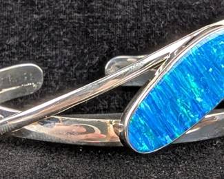 Sterling Silver And Turquoise Blue Opal Cuff Bracelet, 925 Silver, 2.5"