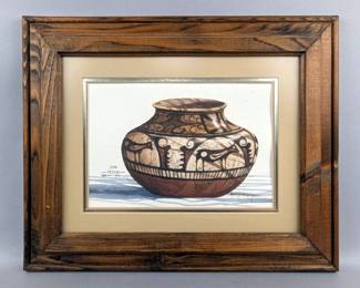 Original Zuni Design 1977 Watercolor Pottery Vase Painting Art Piece, Framed Under Glass, Frame Measures 16" x 13", Painting Measures 9.25" x 6.25", Artist Signed