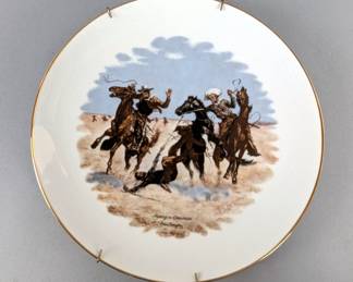'Aiding A Comrade' Plate Art Piece On Hanging Frame, 8.25", Artist Signed "Frederic Remington"