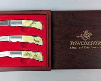 Winchester 2006 Limited Edition 3 Lockback Folding Knife Collection With Enamel Wildlife Handle Designs, In Engraved Wood Storage Box, Knives Measure 6" Long, Blade Measures 2.5" Long
