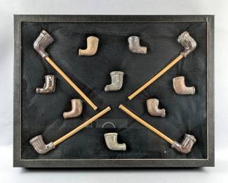 Native American Indian Clay Pipes, Qty. 12, In Glass Display Box, 16.375" x 12.25"
