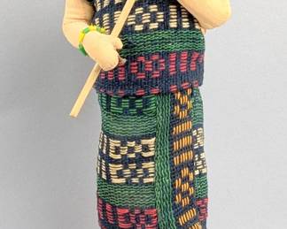 Native American Indian Woman Sculpted Doll With Clothing, Basket, And Beads, 9" Tall