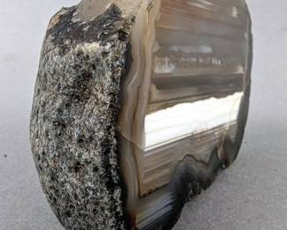 Round Wood Box With Polished Blue Brazilian Agate Lid, 1.75" Tall x 3.25" Wide, And Polished Agate Mineral Specimen, 3" x 1.75"