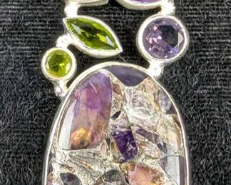 Sterling Silver, Amethyst Cabochon, And Peridot And Amethyst Gemstone Pendant In Floating Display Case, 925 Silver