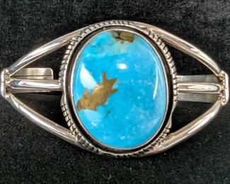 Sterling Silver and Kingman Turquoise Cabochon Cuff Bracelet, 925 Silver, Artist Signed "A Kee", 2.625
