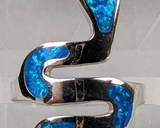 Sterling Silver And Polished Blue Opal Ring With Snake Design, 925 Silver, Size 7