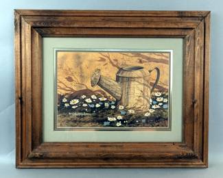 Original Watering Can Watercolor And Acrylic Painting Art Piece, Framed Under Glass, Frame Measures 22" x 18", Painting Measures 12.5" x 8.5", Artist Signed