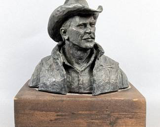 Cowboy Bust Sculpture On Wood Base, 6.25" Tall, Artist Signed "Michael Garman"
