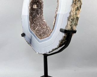 Brazilian Banded Agate Geode Portal/Slice On Metal Display Stand, 13.5" x 7.75", 4kg