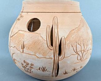 Western Style Incised Pottery Vase, Artist Marked, 6.25" Tall x 7" Wide
