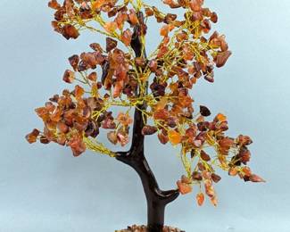 Carnelian Agate Gemstone Tree On Glazed Wood Base, 500 Stones, 12" Tall