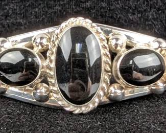 Sterling Silver And Black Onyx Cuff Bracelet, 925 Silver, 2.5"