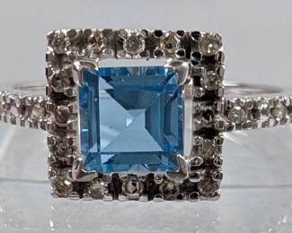 14K White Gold, Diamond, And Blue Topaz Ring, Size 7