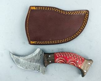 Damascus Steel Fixed Blade Upward Curved Knife With Red And Brown Twisted Wood Handle, Includes Leather Sheath, 8"
