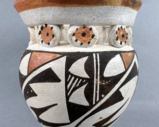 Native American Indian Acoma Pottery Vase With Relief, 3.75" Tall x 3.5" Wide