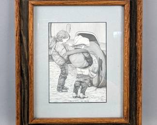'Boys Will Be Boys' Pencil Print Art Piece, Framed Under Glass, Frame Measures 12.5" x 10.5", Print Measures 7" x 5", Artist Signed "BJ Brown"