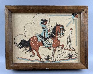 Native American Indian Sand Art "Navajo Maiden Coming To The Wedding Ceremony", 1979 Multi-Color Sand Piece In Frame, 9" x 7"