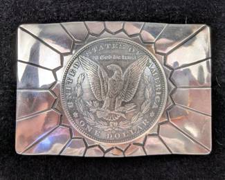 Sterling Silver Domed Morgan Silver Dollar Belt Buckle, 925 Silver, Marked "Buffalo Dancer"