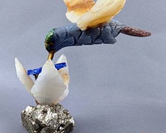 Multi Stone Hummingbird Sculpture And Flower On Pyrite Mineral Specimen, 5" Tall