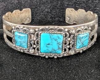 Turquoise Cuff Bracelet, 2.5" Wide, And Turquoise Clip Earrings