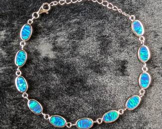 Sterling Silver, White Opal, And Blue Opal Double-Sided Bracelet, 925 Silver, 8"