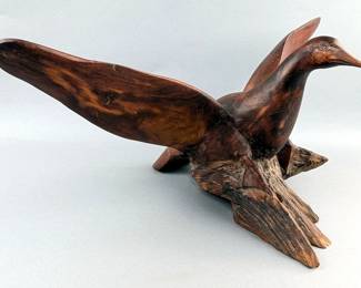 Al Coe Carved Wood Duck Sculpture, Marked With Stylized "AC" Signature, 7.25" Tall x 17.5" Wide