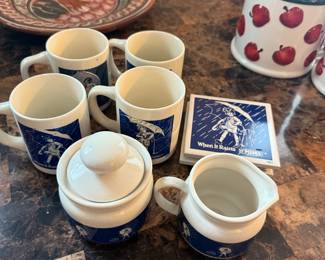 'When it rains it pours' vintage coffee set (mugs, sugar, creamer, and coasters)