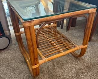 Bamboo rattan glass top side table