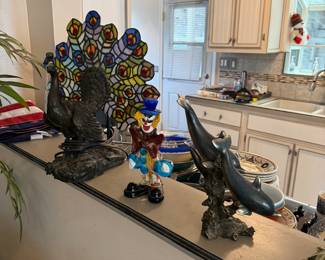 Tiffany Lamp, clown figurine, dolphin decor