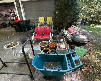 Outdoor items-planters, chairs, vintage rocking chairs, log holder, bird bath, and more