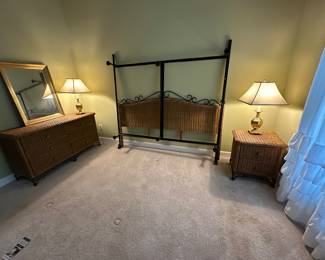 King size wicker headboard with frame,
Wicker dresser and wicker side table,
Brass lamps