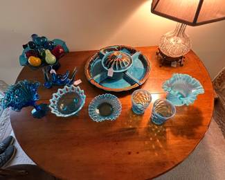 Blue glassware collection, Maurice pottery lazy susan