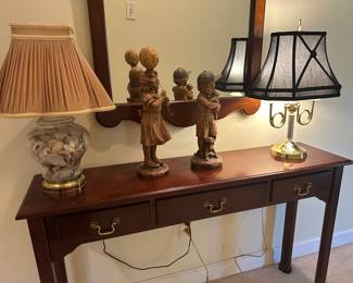 Sofa table, large mirror, lamps