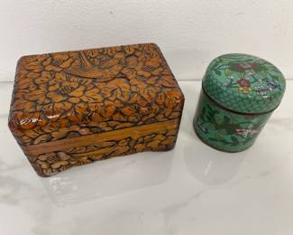 Lot 7315 Carved Bird Trinket Box Cloissonne Round Storage Container