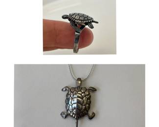 Lot 7585 Sterling Silver Turtle Pin Necklace Pendant Articulated Sea Turtle Ring