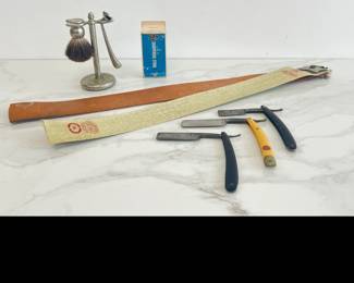 Lot 7562 Vintage Barber Shaving Razors Brush Strops